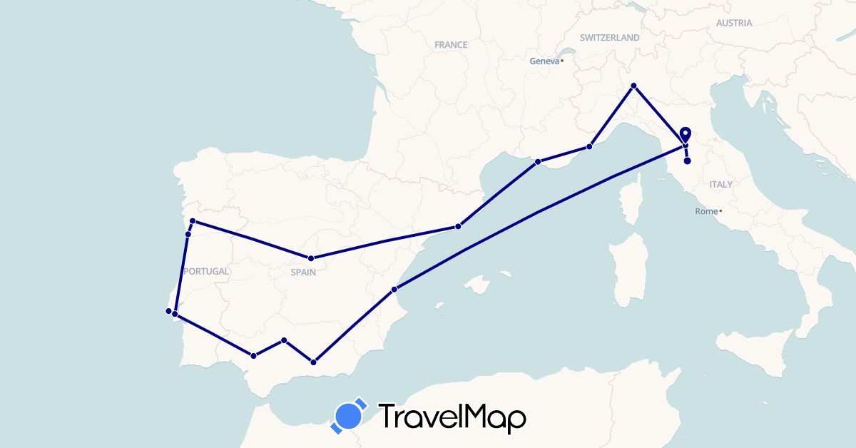 TravelMap itinerary: driving in Spain, France, Italy, Monaco, Portugal (Europe)